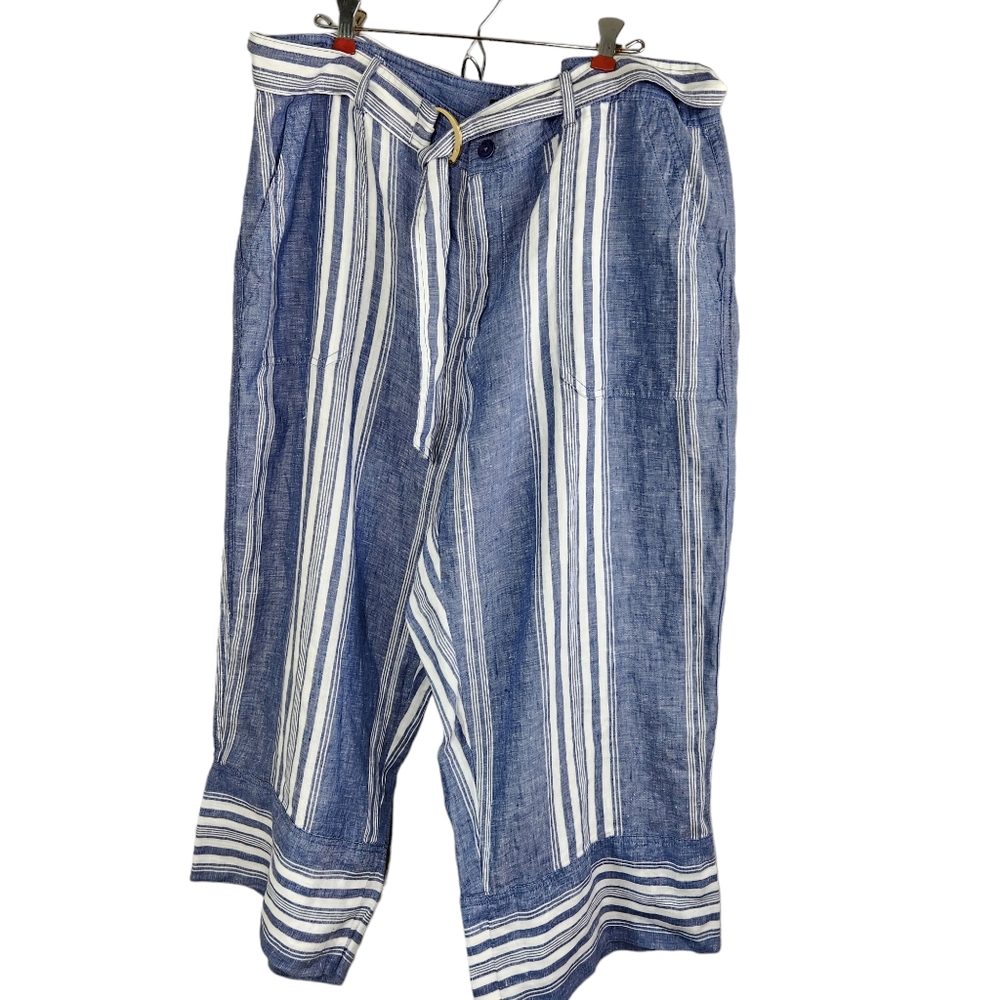 Lauren Ralph Lauren Linen Capri Pants 16W Blue White Stripe Pocket Lightweight